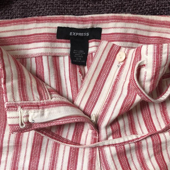 Express, Linen and Cotton, Red and Cream Striped Wide Leg Pant, Size 3/4 - Picture 5 of 11